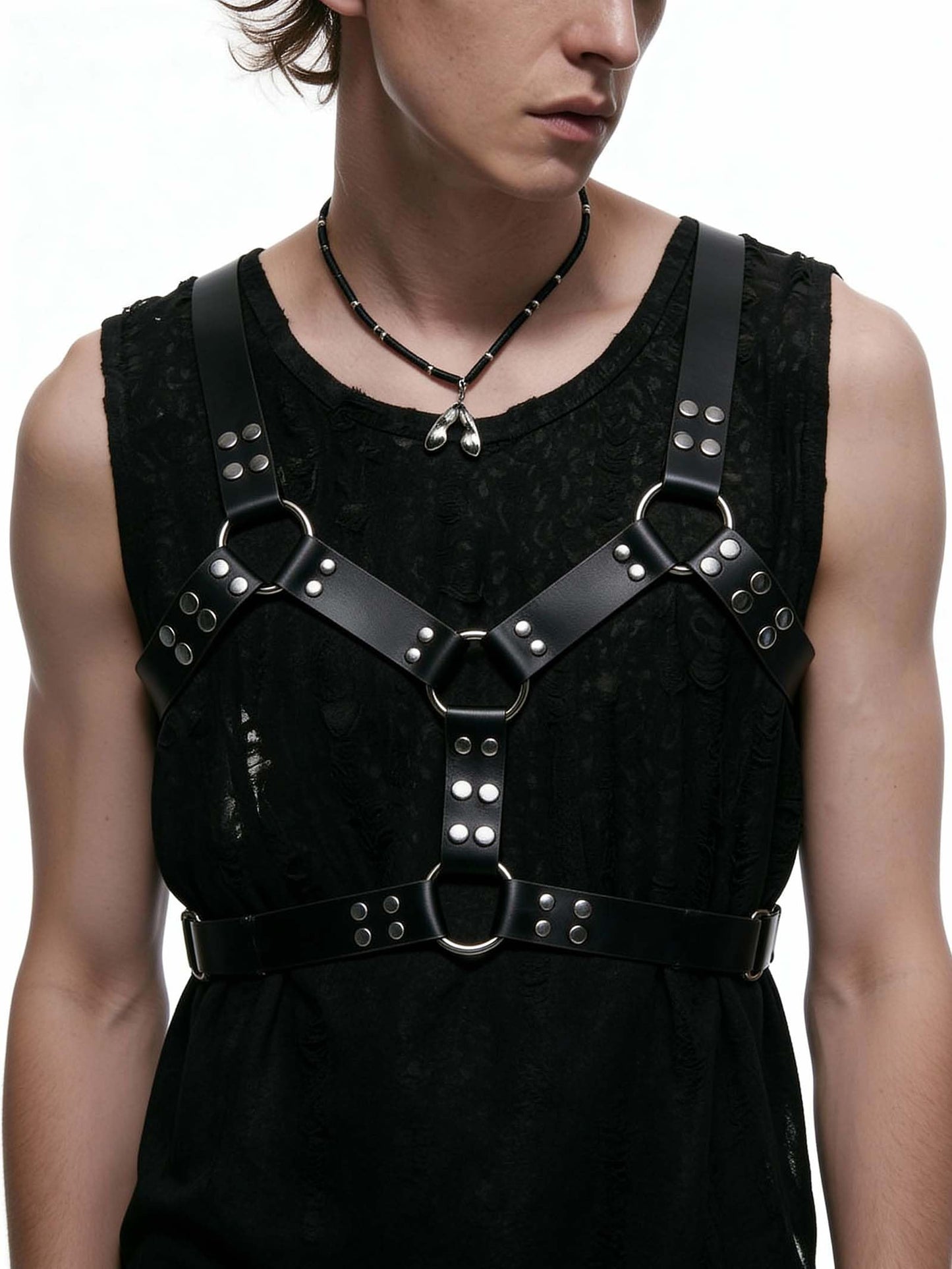 Men’s Adjustable Faux Leather Chest Harness with Metal O-Rings, Punk Rock Body Strap for Festival, Rave, Clubwear, Costume and Fashion Styling Outfits(Fit Bust 40.2-47.2in)