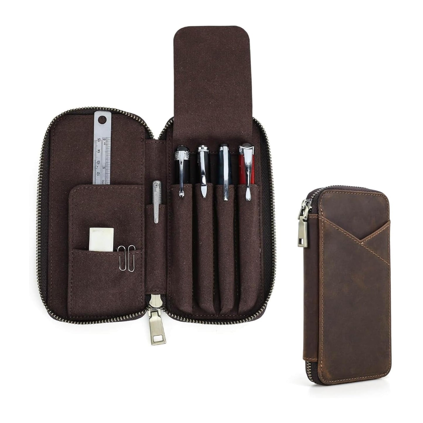 Hiram Handmade 4-Pen Case, Triple-Zip Crazy-Horse Leather Pouch with Microfiber Suede Lining, Heart-Stamped, Fountain/Ballpoint Box, Vintage Executive Stationery Storage(Coffee)