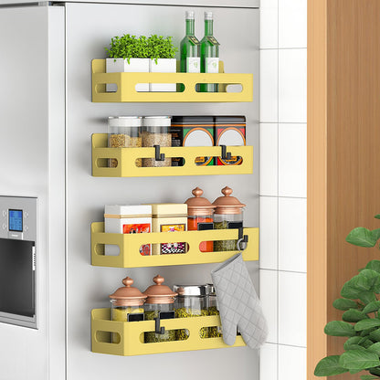4 Pack Magnetic Spice Rack for Refrigerator, Spice Rack Organizer, Moveable Magnetic Shelf Fridge Organizer with 4 Hooks for Kitchen and Oven Organization, Black