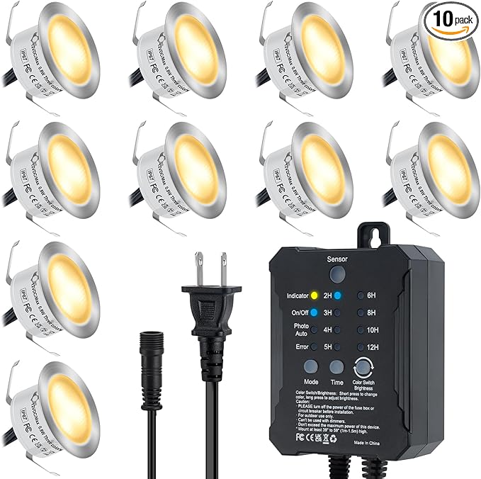 Low Voltage Deck Lights Recessed Kit with Transformer Dimmable Timer and Photocell Sensor Outdoor LED Deck Lighting 3CCT 2700K-5000K IP67 Waterproof for Stair Patio Yard 10 Packs