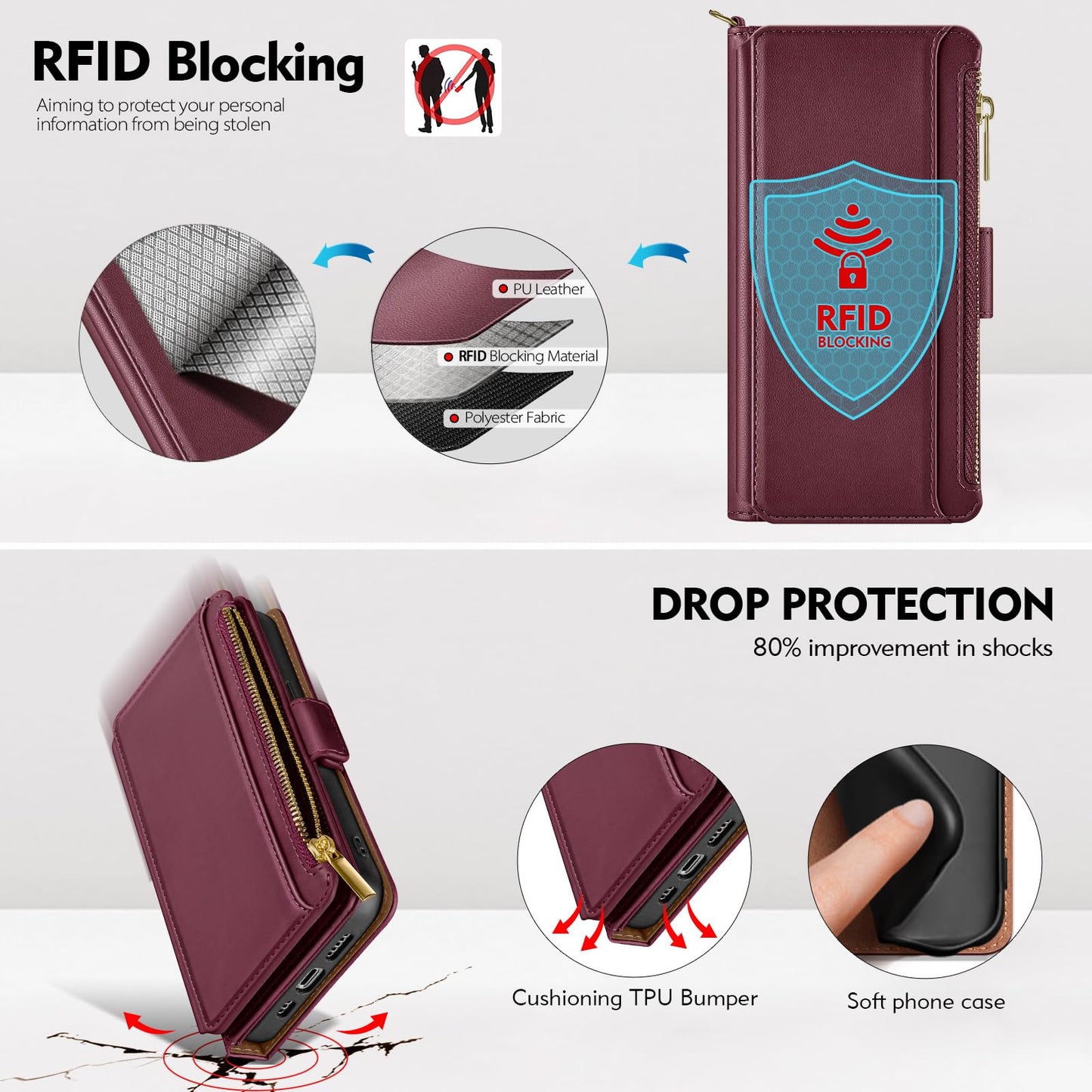 Antsturdy Compatible with Samsung Galaxy A54 5G Wallet Case with Card Holder Phone Case RFID Blocking PU Leather Flip Cover with Strap Zipper Credit Card Slots,for Women Men,Wine Red