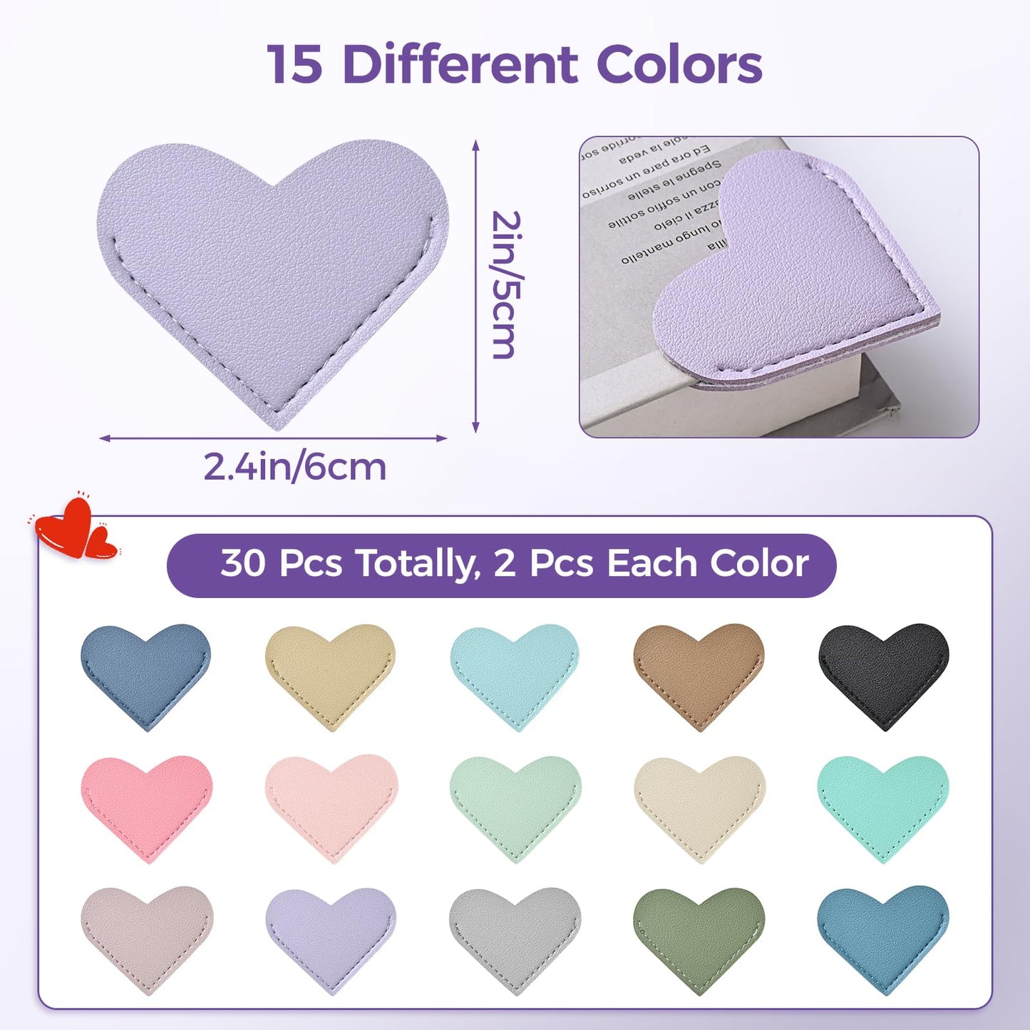 Yuwiiuuo 30 Pcs Leather Heart Bookmarks for Women, Cute Book Marks for Reading, Ideal Gift for Home, Office, School Reading Supplies(15 Colors)
