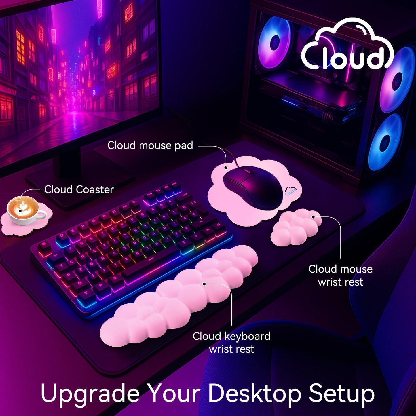 Sushret Cloud Wrist Rest for Computer Keyboard, 4-in-1 Memory Foam Leather Cloud Keyboard Wrist Rest and Mouse Pad Set with Ergonomic Support for Arm and Palm Cushion, Gaming/Work Setup, Pink