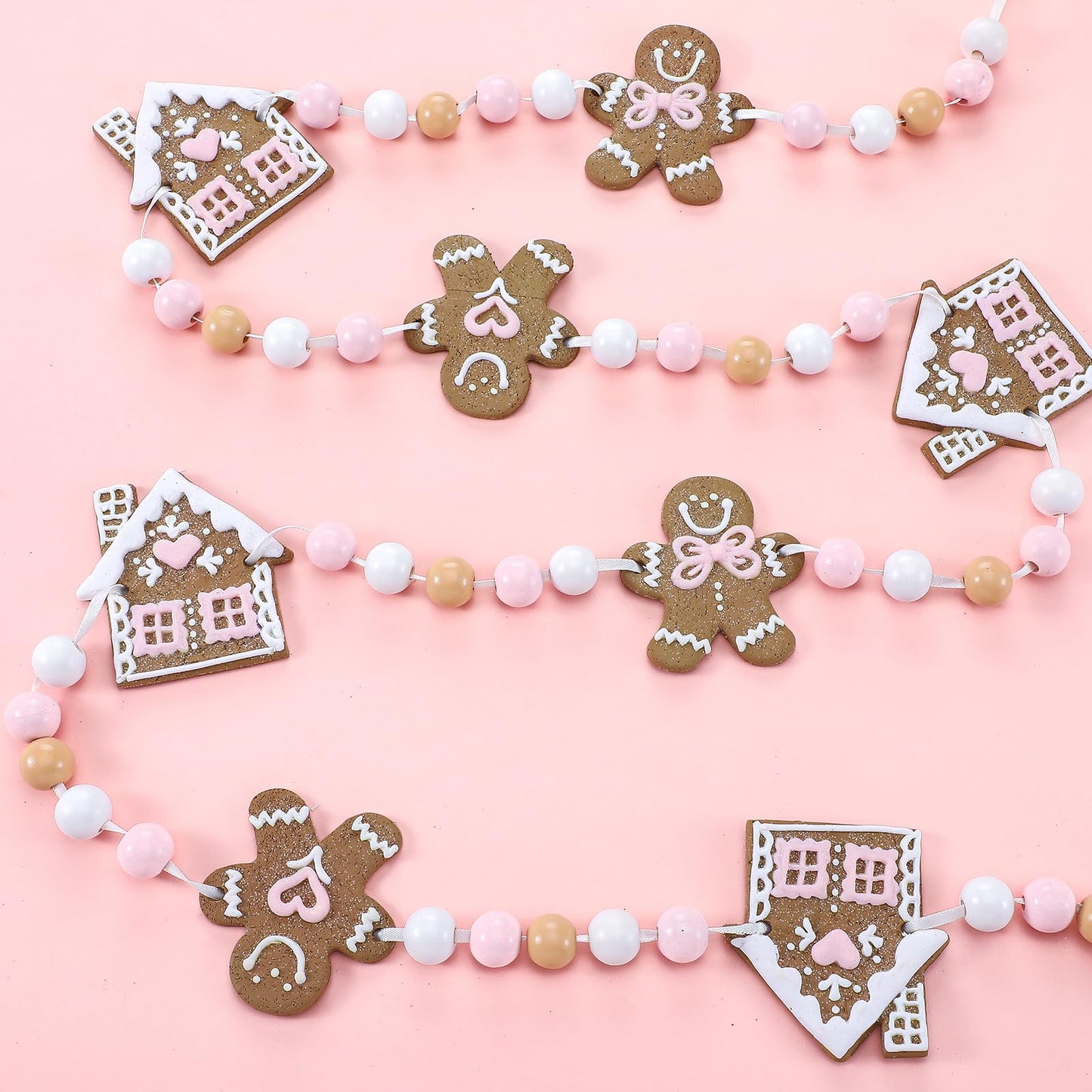 AceOrbit 8.2ft Christmas Gingerbread Man Garland Pink Polymer Clay Christmas Gingerbread Man Banner Farmhouse Xmas Wooden Beads Hanging Ornaments for Xmas Holiday Mantel Fireplace Window Wall Decor