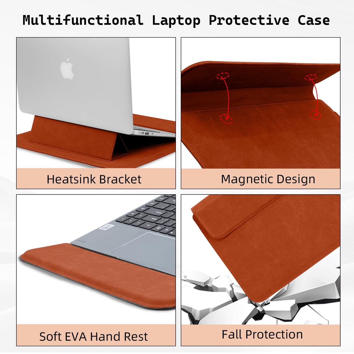 PinnWaa 13.3-14 Inch Laptop Sleeve Case with Stand Feature, Matte PU Leather Slim Bag for MacBook Pro 14/MacBook Air 13/13.3'' 2026-2021/Dell/Lenovo/HP/ASUS/Huawei Laptop Protective Cover (Orange)