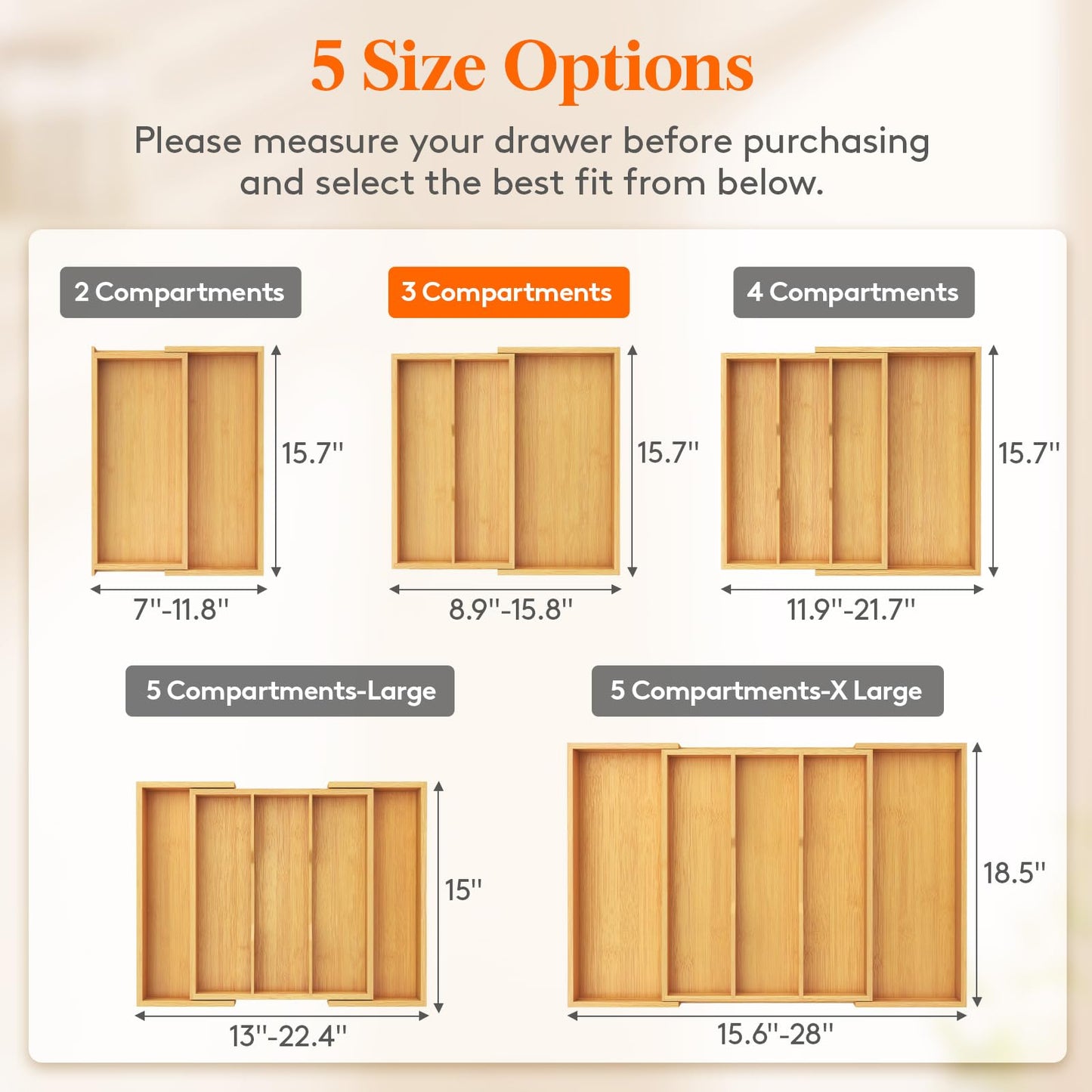 Lifewit Utensil Organizer for Kitchen Drawer, Expandable 13 to 22.4 Inches Wide, Adjustable Cooking Silverware Tray, Bamboo Cutlery Flatware Holder, Spatula Tools and Gadgets Storage Divider, Natural