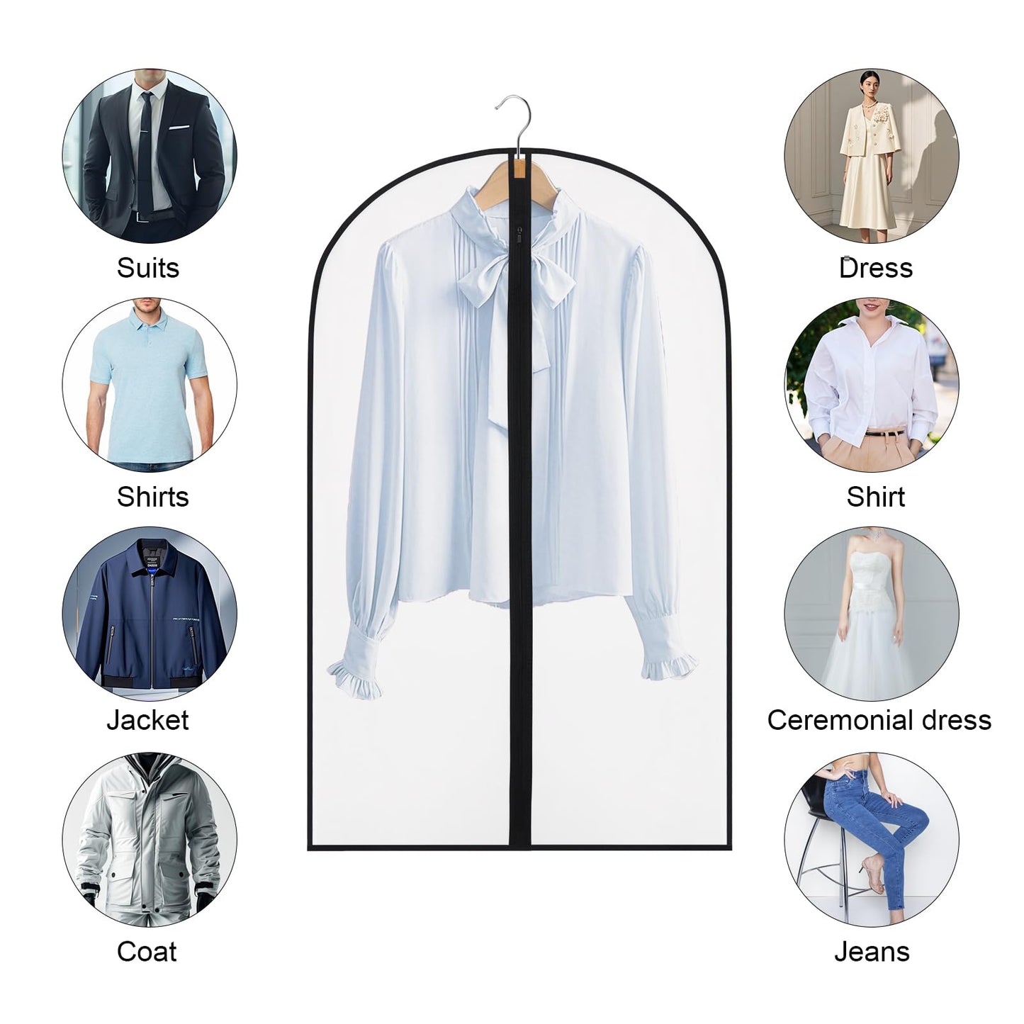 40" Garment Bags 6 Packs Suit Bags for Closet Storage, Plastic Waterproof Suit Cover Bags with Zipper Clear Garment Bags for Coats, Jackets, Shirts, Dress