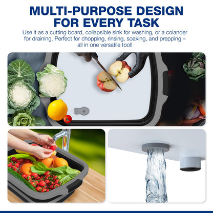 2-Pack XL Collapsible BBQ Prep Tub with Built-In Cutting Board, Lid & Strainer – Marinate, Drain & Prep – Large Food-Safe Container – Perfect for Grilling, Smoking & Outdoor Cooking