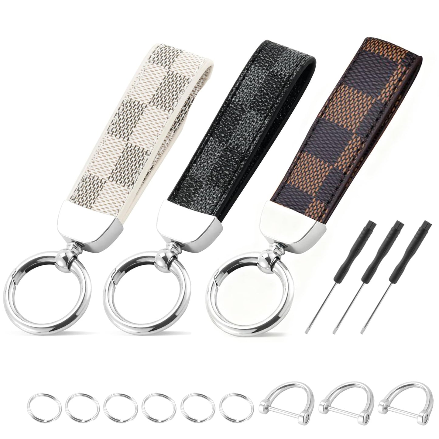 HuanHengOn 3-Pack Premium Leather Keychain Set, Black White Brown Car Key Holder, Car Office Home Key Organizer for men women, Gift for Professionals, Coworkers, Car Enthusiasts