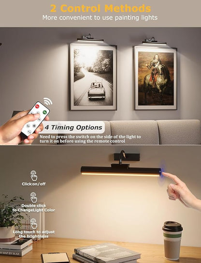 Picture Light with Remote, 16in Battery Operated Picture Lights for Wall 5000mAh, 3 Color Modes and Dimmable LED Art Lighting with Timer for Painting, Frame, Gallery (Black-1Pack)