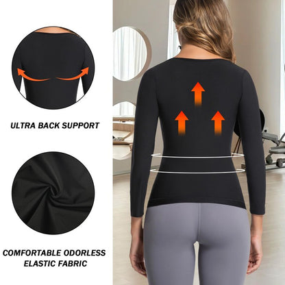 Towintec Sauna Suit for Women Heat Trapping Long Sleeve Sweat Suit Belly Fat Weight Loss Compression Shirts Waist Trainer Workout Body Shaper Tops with Zipper for Athletic Sports Training(Silver,L)