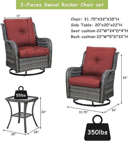 Rilyson Patio Chairs Wicker Outdoor Chair - 6 Piece Rattan Swivel Rocking Chairs Set Patio Glider Rocker Chairs with Glass Top Side Table for Porch Deck Garden Backyard(Mixed Grey/Red)
