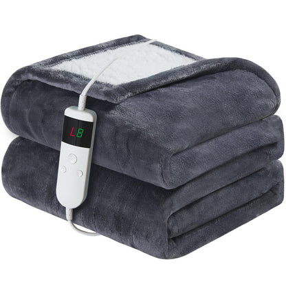 Electric Heated Blanket Queen Size 84''x90'' Soft Flannel & Sherpa Electric Blanket with 10 Heating Levels, Automatically Shut Down After 8h with Overheat Protection Machine Washable