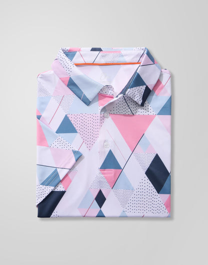 Obla Mens Golf Polo Shirts Short Sleeve Dry Fit Performance Moisture Wicking Casual Print Collared Golf Shirts for Men(White Pink Geometry_4XL)