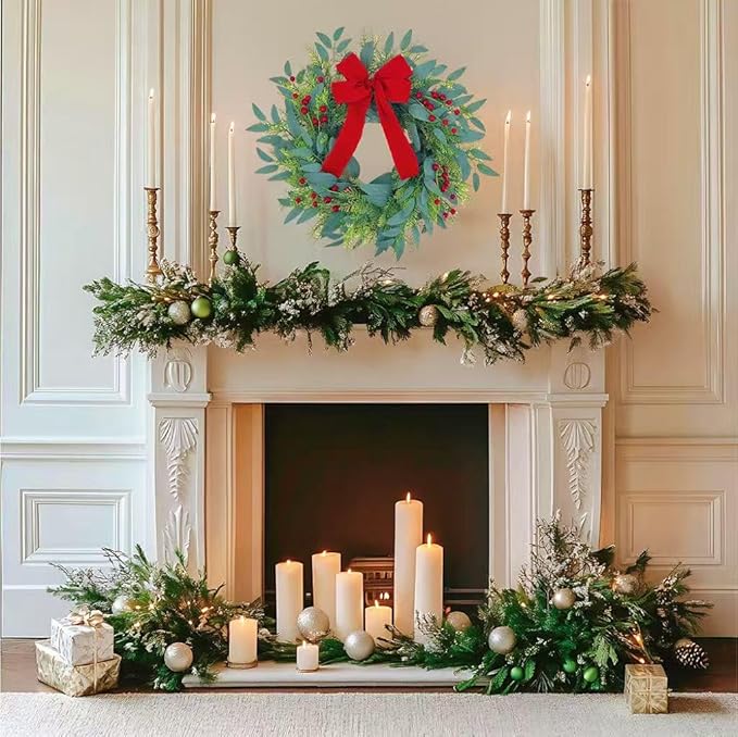 20 Inch Christmas Wreath for Front Door,Artificial Realistic Green Leaves with Red Bow, Used for Window, Wall, Porch, and Other Indoor and Outdoor Home Decorations