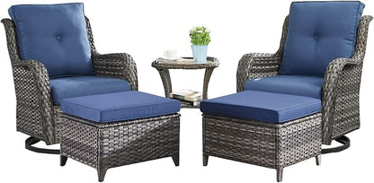 Rilyson Wicker Patio Furniture Set - 5 Piece Rattan Outdoor Sectional Conversation Sets with 2 Swivel Rocking Chairs,2 Ottomans and 1 Side Table for Porch Deck Garden(Mixed Grey/Blue)