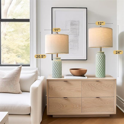 24" Modern Ceramic Green Bedside Lamp Set of 2 Table Lamp for Bedroom Decor Farmhouse Table Lamp for Living Room Office Dorm