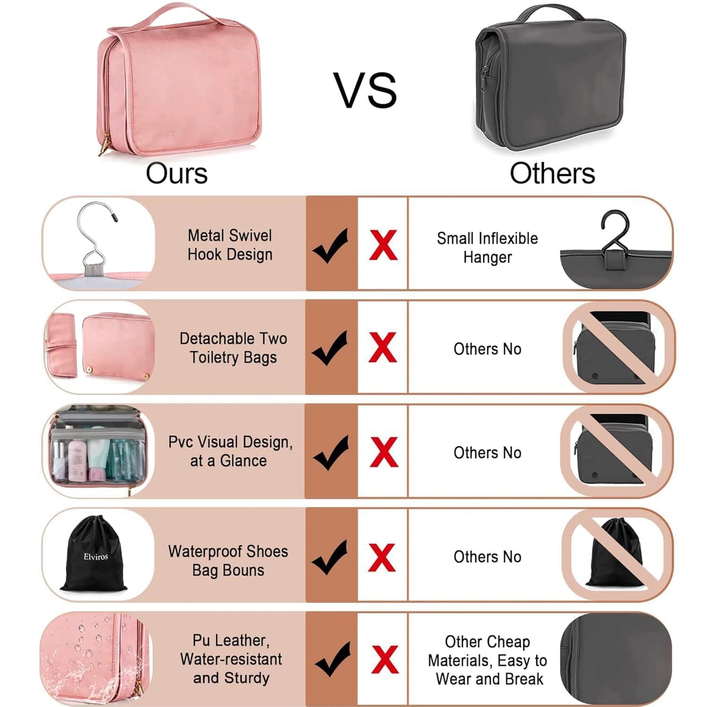 Elviros Hanging Travel Toiletry Bag for Women, 3-in-1 Large Makeup Bag and Cosmetic Organizer, Vegan Leather Waterproof Skincare Case for Travel Size Toiletries and Accessories, Gift for Women