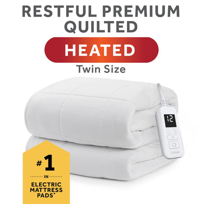 Sunbeam Premium Quilted Electric Heated Mattress Pad Twin 39" x 75" - 12 Heat Settings, 12-Hour Selectable Auto Shut-Off, Fast Heating, Warming Bed, Machine Washable, Extra-Soft Warm Cozy