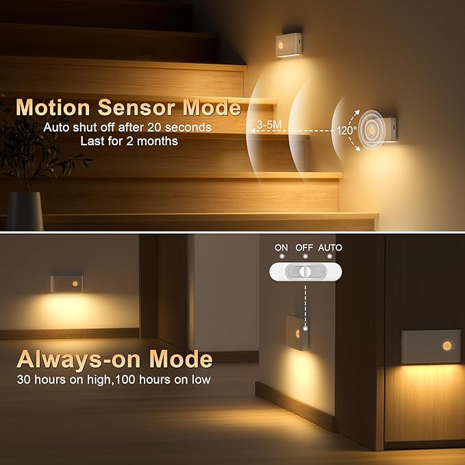 YiaMia Stair Lights Motion Sensor Indoor, 3-Pack Rechargeable Night Lights with Adjustable Brightness, Wireless Under Cabinet Lighting for Stairs, Bathroom, Bedroom