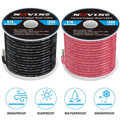 14 Gauge Marine Wire 14 AWG Marine Grade Wire Include 14 Gauge 30FT Red & 30FT Black,14AWG Oxygen-Free Tinned Copper Electrical Cable for Automotive Boat Outdoor RV Camper