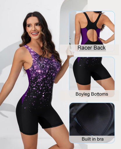 Halcurt Womens Boyleg One Piece Swimsuit Athletic Racerback Bathing Suit with Boyshorts Full Coverage Swimwear Black Purple S