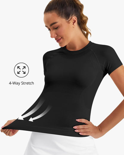 Stelle Women Workout Tops Short Sleeve Seamless Athletic Shirts Yoga Gym Sports Breathable Tees(Black,XS)