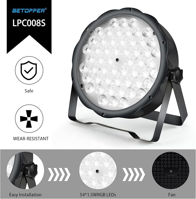 BETOPPER LED Par Lights 54 x 1.5W, RGB Stage Lights DMX DJ Lighting Sound Activated with Stand, Strobe Light & Wash Par Lighting DMX for Parties, Church, Wedding, Bars, 8 Pack