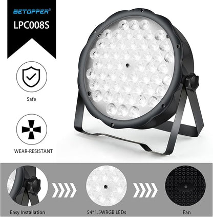 BETOPPER LED Par Lights 54 x 1.5W, RGB Stage Lights DMX DJ Lighting Sound Activated with Stand, Strobe Light & Wash Par Lighting DMX for Parties, Church, Wedding, Bars, 8 Pack