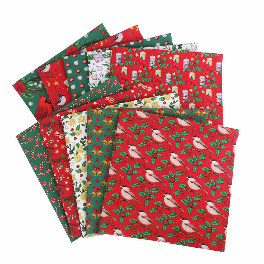 10PCS Christmas Cotton Fabric Bundles - 10" x 10" Printed Pre-Cut Squares for Patchwork Sewing, DIY Crafting & Quilting