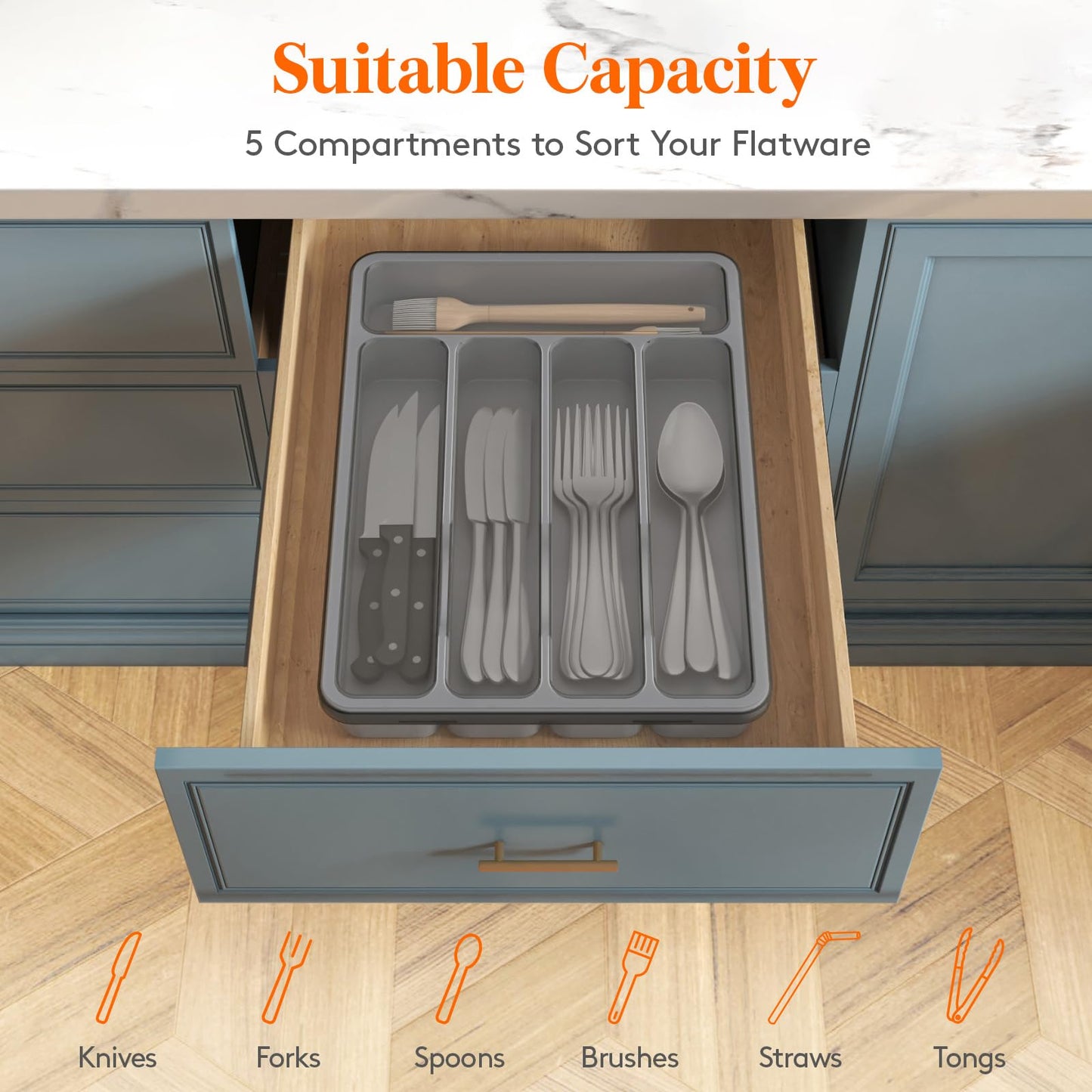 Lifewit Silverware Organizer with Lid, Covered Utensil Tray for Kitchen Drawer and Countertop, Plastic Cutlery and Flatware Storage Box for Spoons Forks Knives Holder Case, 6 Compartments, Black