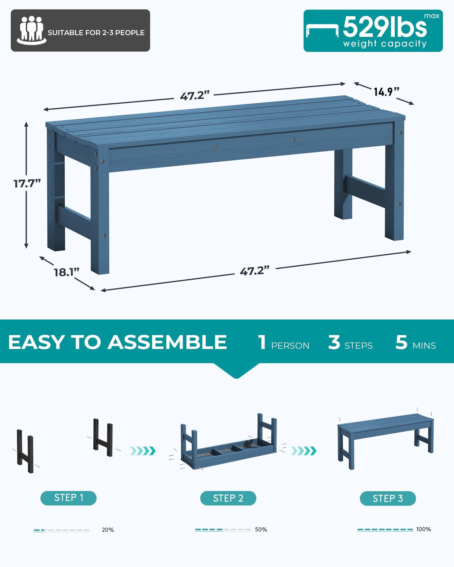 SERWALL 47 Inches Outdoor Bench, All Weather HDPE Backless Bench with Wood Grain Texture for Garden Porch and Park, Curved Bench Seat for Comfort, Blue