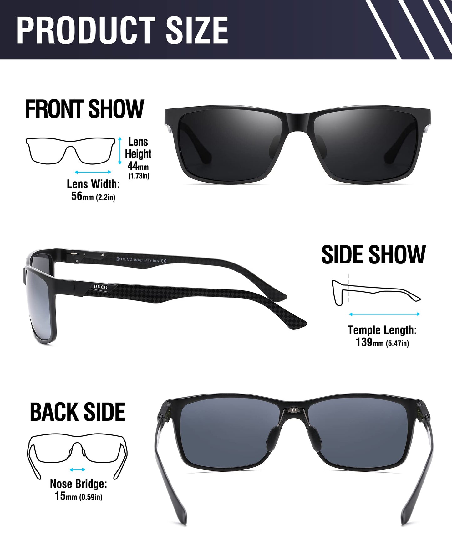 DUCO Mens Sunglasses Polarized Rectangle Sunglass for Men Lightweight Carbon Fiber UV400 Protection 8206