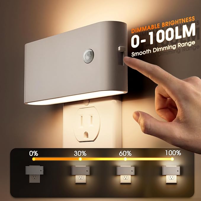 LED Night Light Motion Sensor 2 Pack, Motion Activation Night Lights Plug into Wall, Auto On Off, 0-100LM Dimmable Night Light Plug in, 3000K Warm White LED Nightlight for Kids Bedroom Hallway