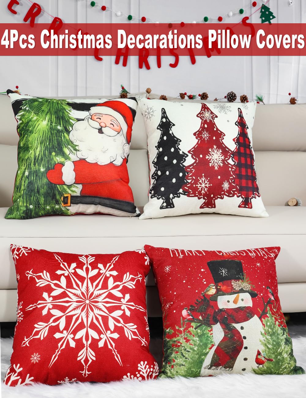 Double-Sided Print Christmas Pillow Covers 20''x20'', Set of 4, 8 Christmas Patterns Christmas Tree, Snowman, Snowflakes, Merry Christmas, Deer, Santa Claus,Truck, Let It Snow, Soft Linen Material
