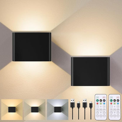 Motion Sensor Wall Sconces with Remote Control, 6000mAh Black Wireless Touch Control Rechargeable Wall Lamps with 3 Color Temperatures, LED Up Down Battery Operated Wall Lights Indoor, 2-Pack