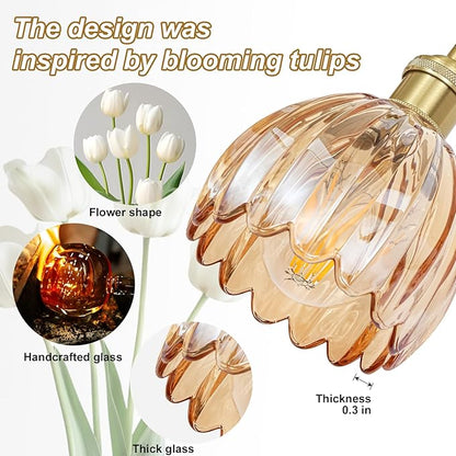 Vintage Wall Sconces Set of Two,Hardwired Wall Lights with Amber Tulip Glass Lampshade,Gold Wall Lamps for Bedroom Bedside Stairway Bathroom Living Room(Bulbs Not Included)