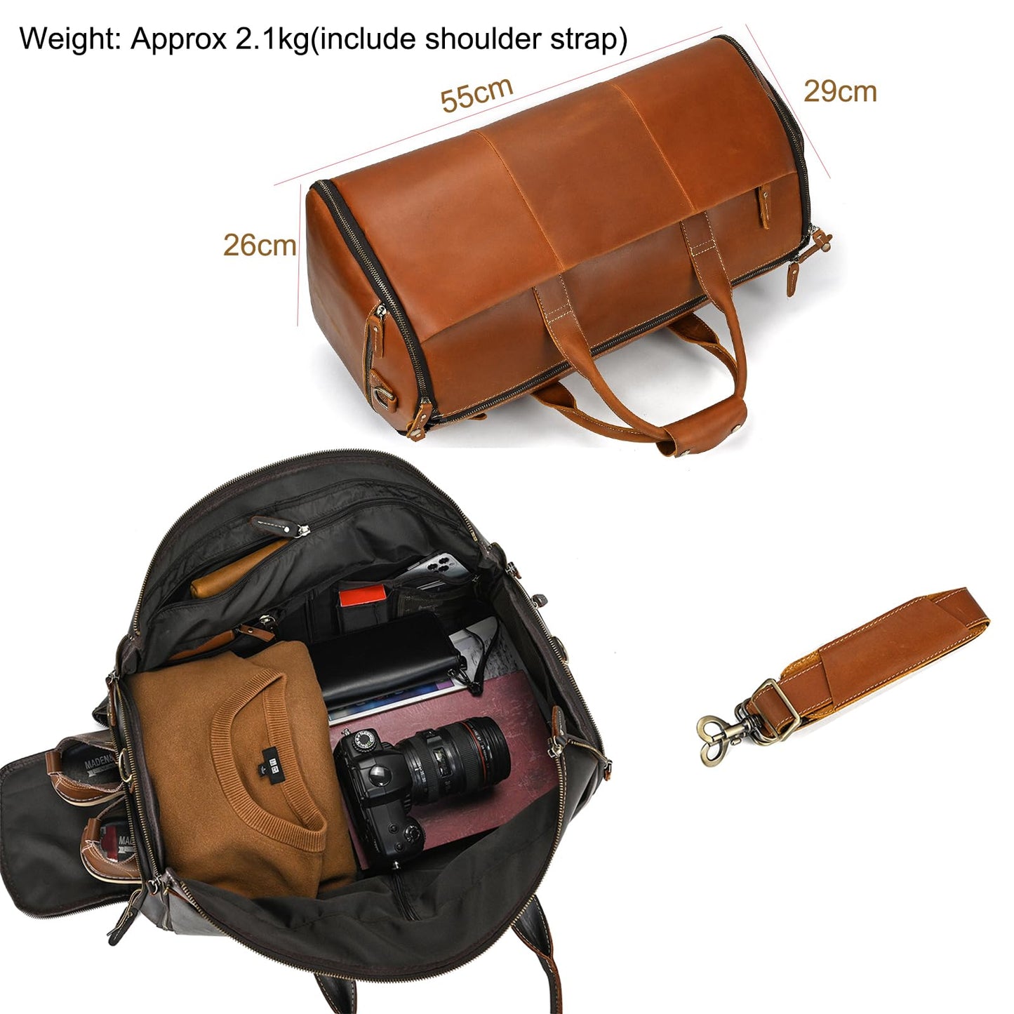 LUUFAN Full-grain Leather Garment Bag Large Capacity Travel Bag Business Suit Carrier Bag with Shoe Compartment, Overnight Gym Sports Duffel Bags for Men Women, Light Brown