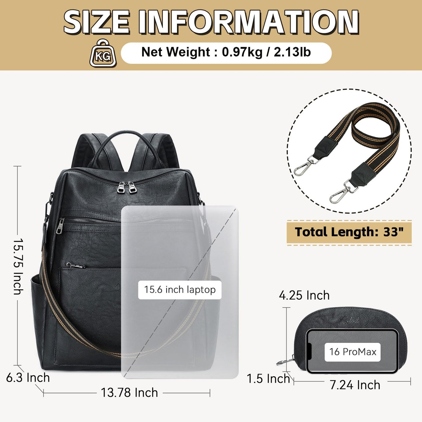 AGLOD Vegan Leather Laptop Backpack for Women 15.6 Inch Work Backpack Purse for Travel College