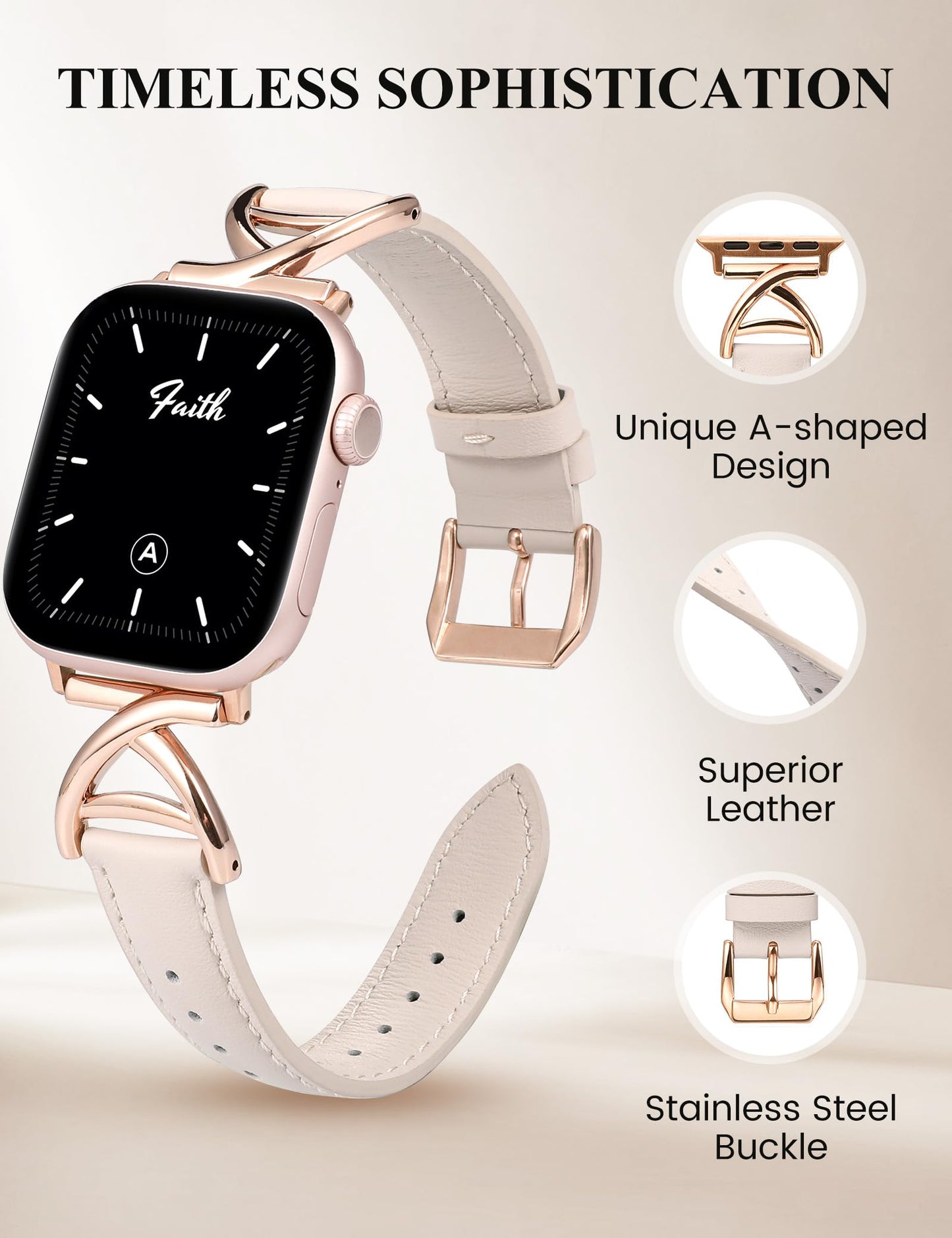 Minyee Leather Band Compatible with Apple Watch Bands 38/40/41/42mm Women,Dressy Premium Leather Strap with A-Shape Metal Buckle for iWatch Series 11 10 9 8 7 6 5 4 SE/Ultra 3 2 1,Starlight/Rose Gold