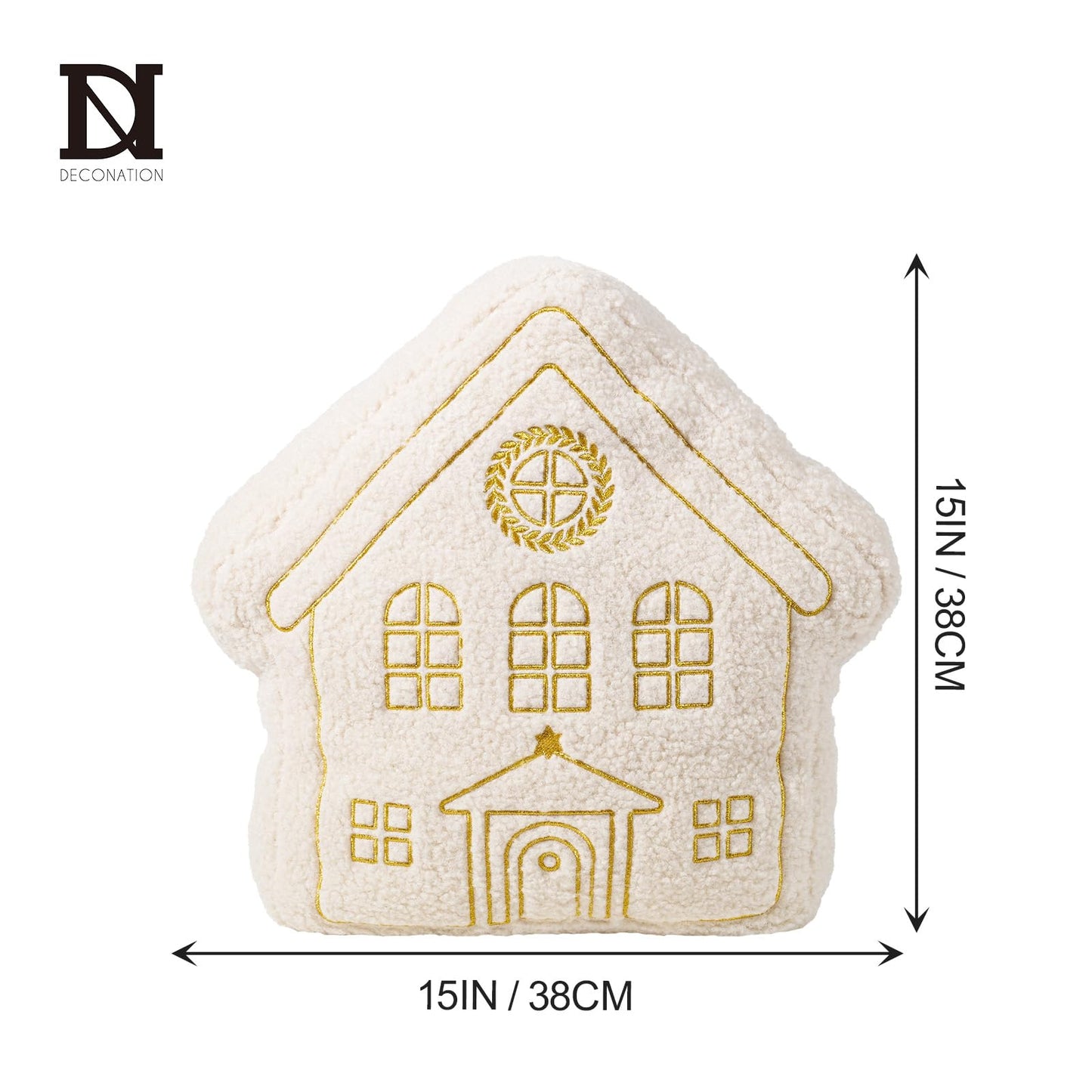 DN DECONATION House Shape Christmas Pillow, White Decorative Pillow 15In - Gold Embroidered Faux Fur Holiday Throw Pillow for Sofa Bedroom Home Christmas Decor