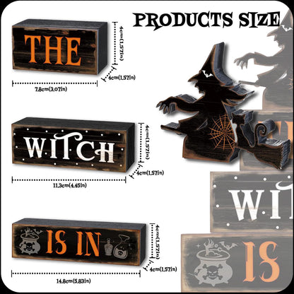 Halloween Decor Indoor - Rustic Wooden Witch Signs Home Decorations for Farmhouse Kitchen, Shelf, Living Room, Tabletop Decorations, Suitable for Fall Party Table Centerpiece