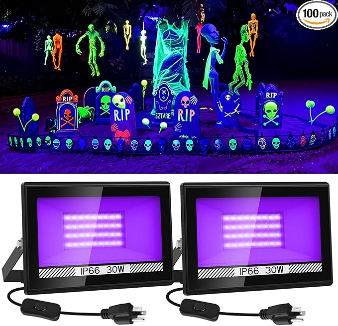 30W Black Lights, 2 Pack LED Blacklight Flood Light with Plug, IP66 Waterproof Black Lights for Glow Party, Glow in The Dark, Stage Lighting, Body Paint, Fluorescent Poster, Neon Glow