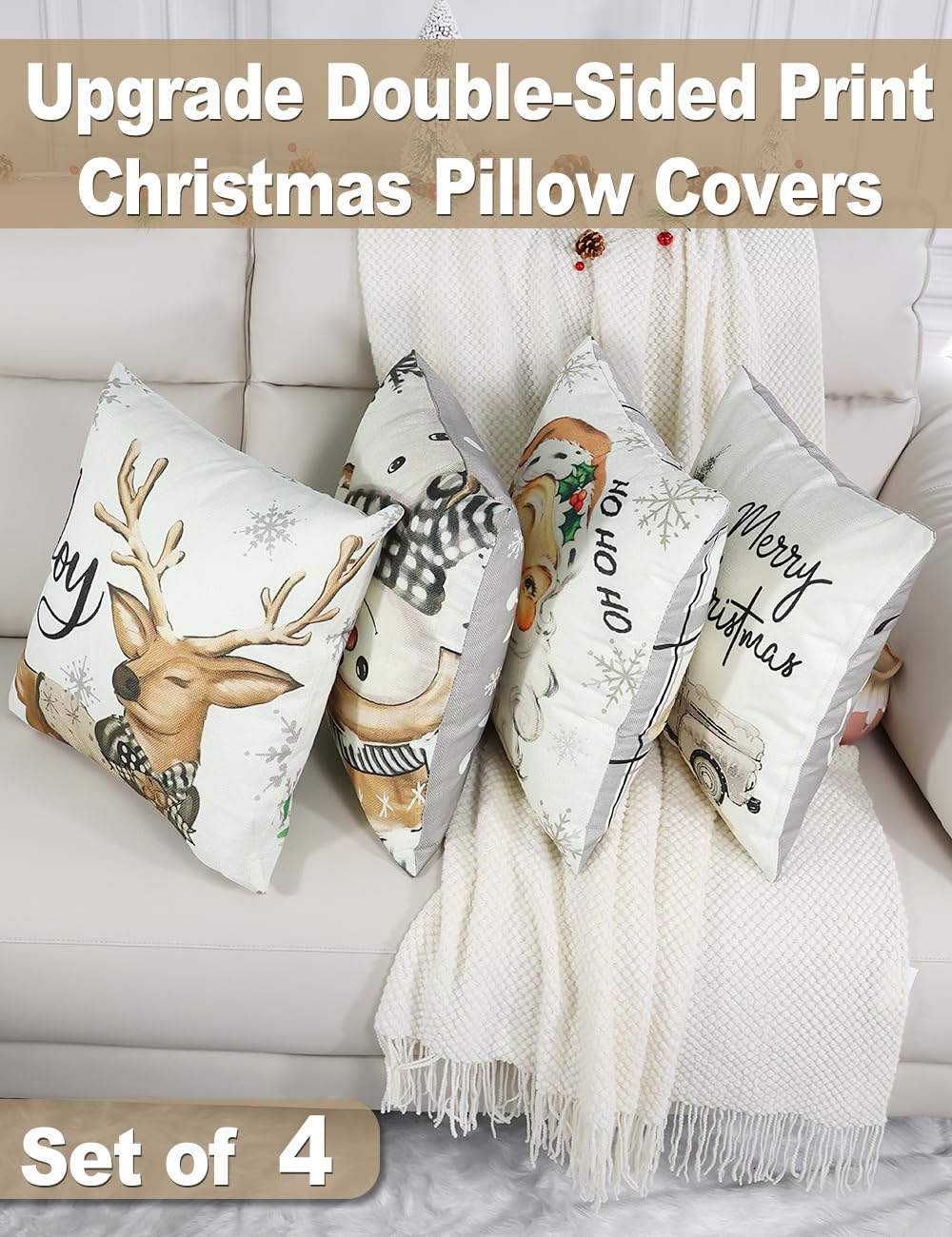 multiwins Christmas Decorations Set of 4 Double-Sided Print Christmas Pillow Covers 20" x 20", with 8 Cute Patterns, Throw Pillow Covers Perfect for Home Christmas Decor