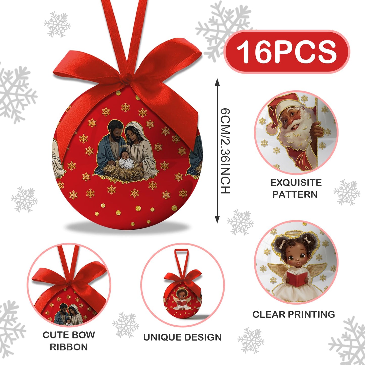Black Santa Christmas Decorations - Black Santa Ornaments Hanging Balls African American Christmas Tree Decorations, Decoration Ball 2.36 Inch for Xmas Tree Party Home Holiday，Xmas Gifts Set of 16Pcs