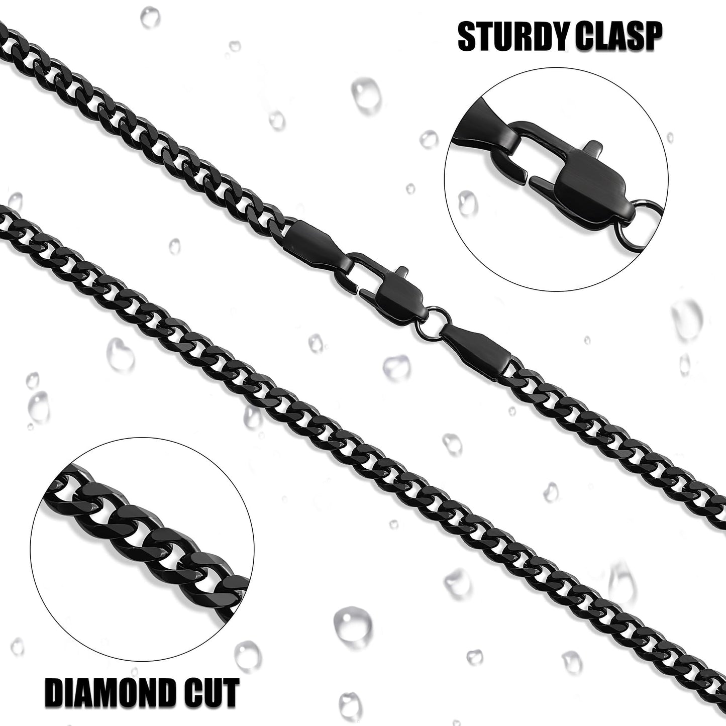 Fiusem 3.5mm Black Chain for Men, Black Cuban Link Chain Necklace for Men and Women, Stainless Steel Cuban Necklace 20 Inch