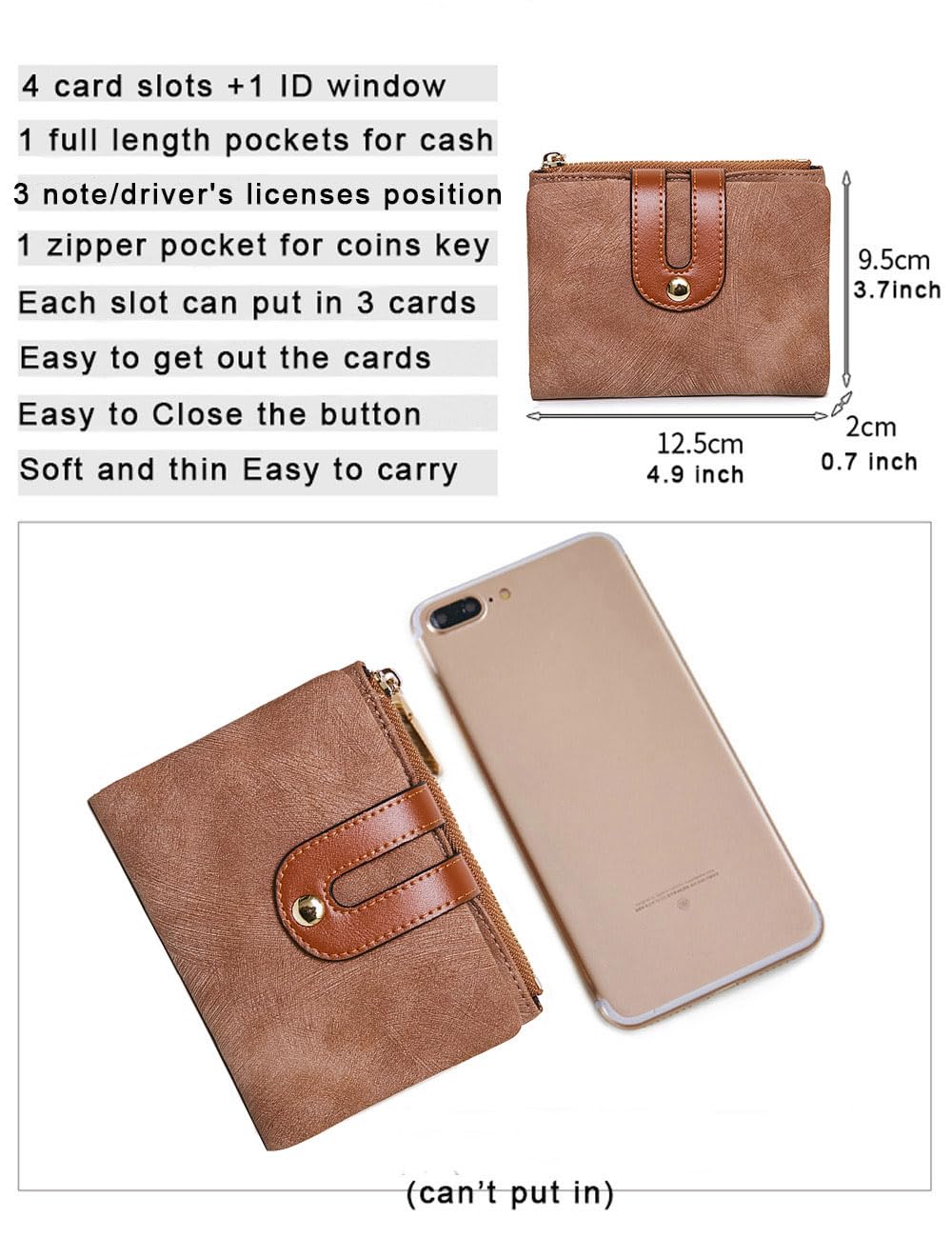 AOXONEL Women's Rfid Small Bifold Leather Wallet Ladies Mini Zipper Coin Purse id card Pocket,Slim Compact Thin (Brown)