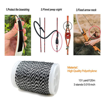 - QI HUO JU - Archery Bow String Serving Thread Jig 131 yard/120m Bow Serving String 3-Strands String Thread Tool for Compound Bow Tying Peep Sight Nock Accessories (Black-White)