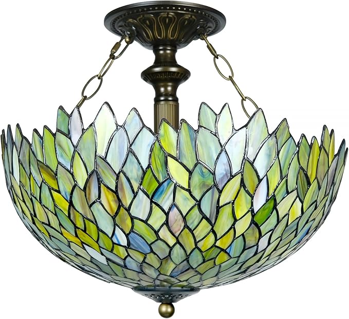Tiffany Ceiling Light Fixture Green Wisteria Stained Glass Semi Flush Mount Lamp Wide 16 Inch Height 15 Inch Tiffany Ceiling Lamp