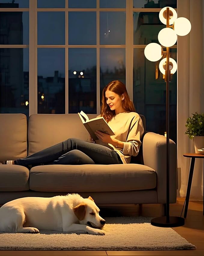 Lightdot 5-Globe Dimmable Globe Floor Lamp Black Retro Standing Lamps with 5Pcs 3000K G9 Bulbs Stepless Brightness Adjustable Mid Century Modern Floor Lamp with Stable Base for Living Room/Office